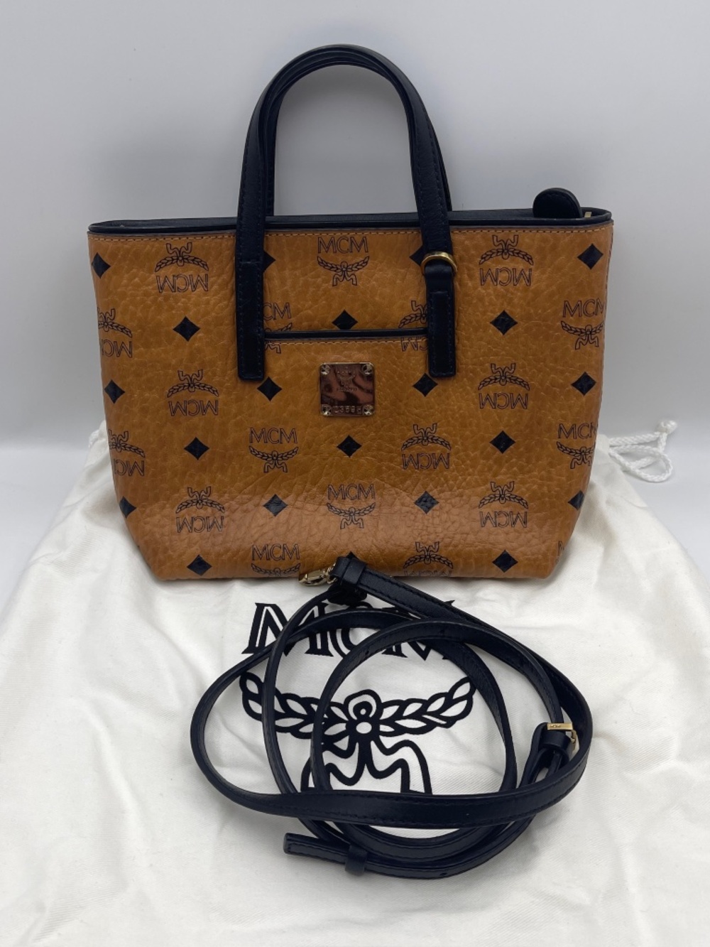 MCM Tan Visetos Logo Top-Handle Satchel with Black Accents